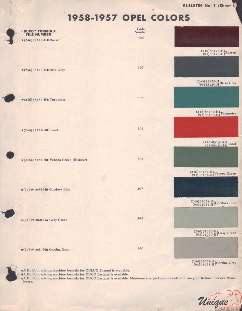 1957 Opel Paint Charts DuPont 1